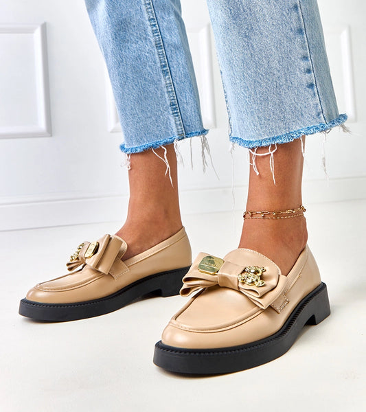 1-Béžové mokasíny s mašlí a medvídkem Teriwa-1