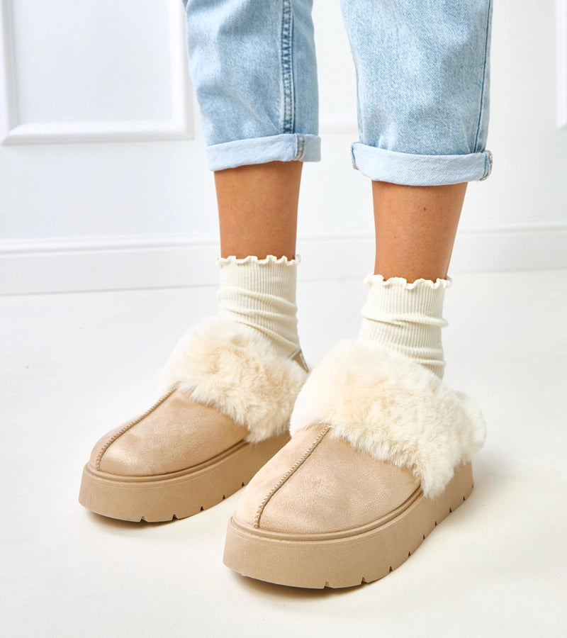 1-Béžové krátké sněhule zateplené kožíškem s gumou Eija-1