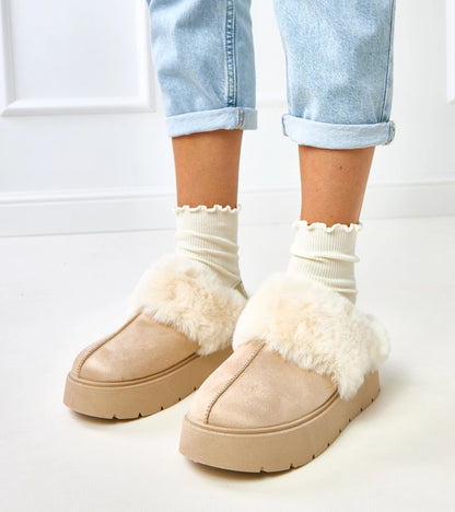 1-Béžové krátké sněhule zateplené kožíškem s gumou Eija-1