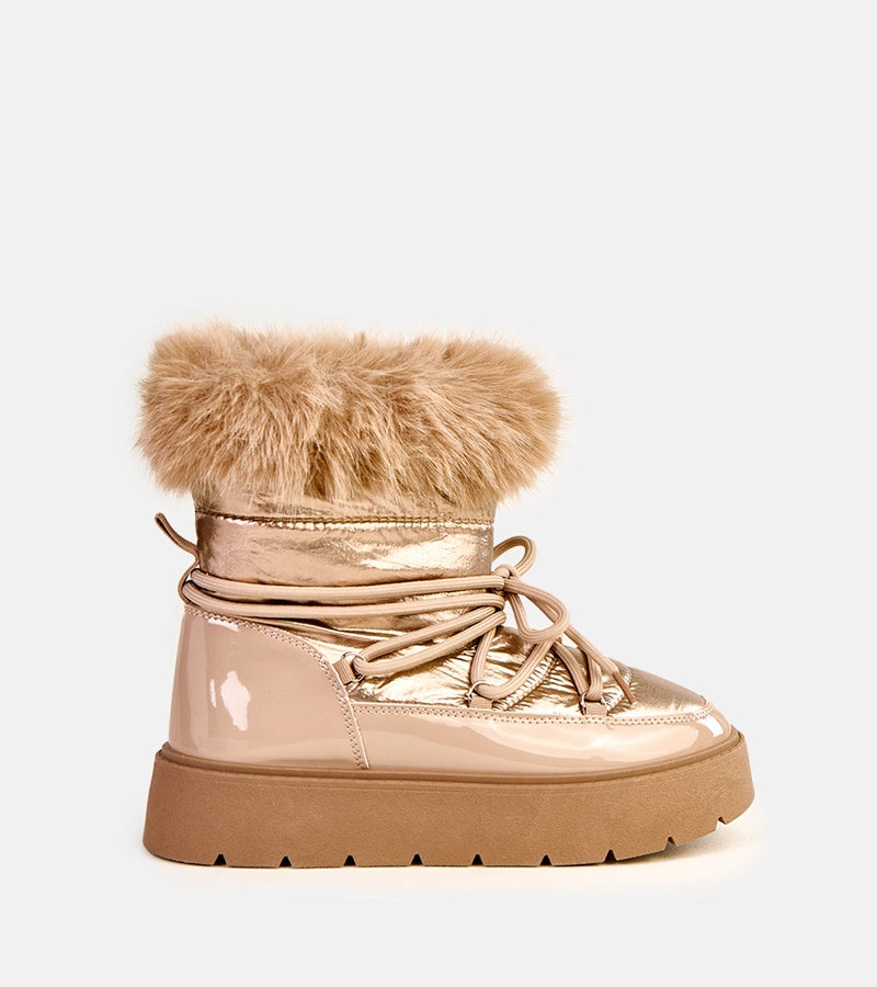 5-Béžové sněhule s tkaničkami a lakovaným akcentem Garis-5