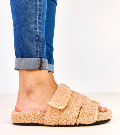 3-Béžové chlupaté pantofle s otevřenou špičkou Felissa-3