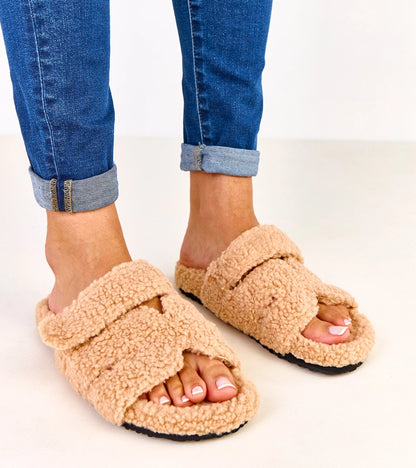 2-Béžové chlupaté pantofle s otevřenou špičkou Felissa-2