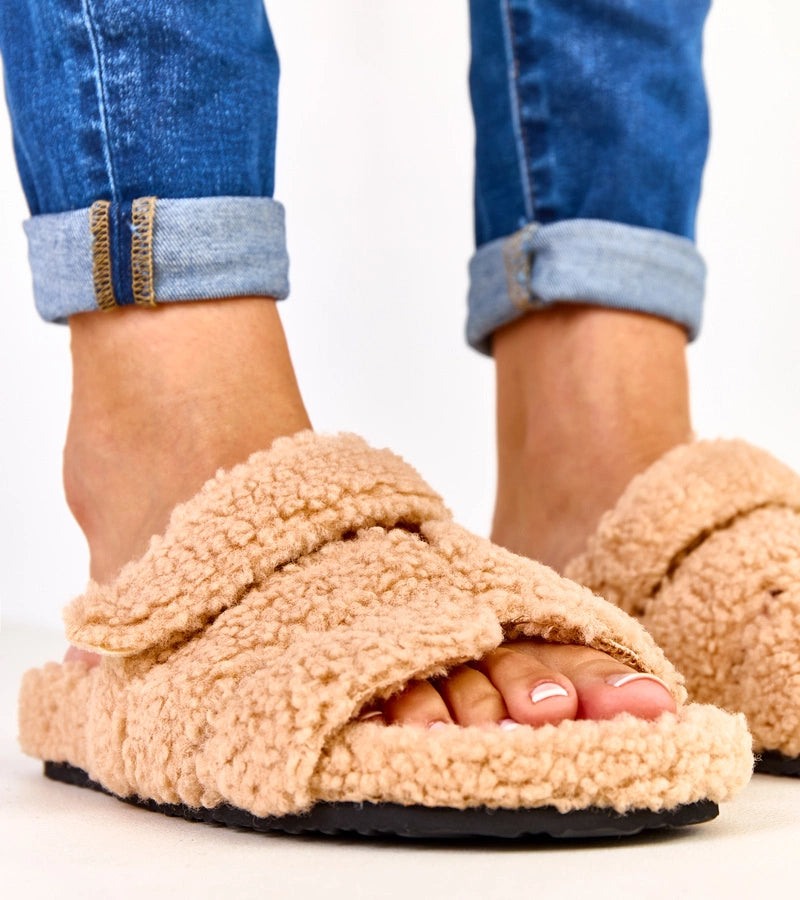 5-Béžové chlupaté pantofle s otevřenou špičkou Felissa-5