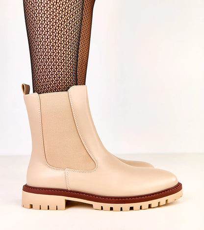 3-Béžové kotníkové boty na ploché podrážce s elastickou vsadkou Terrami-3