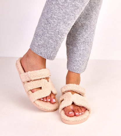 4-Béžové chlupaté pantofle s otevřenou špičkou Greigan-4