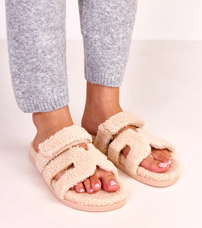 5-Béžové chlupaté pantofle s otevřenou špičkou Greigan-5