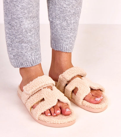 5-Béžové chlupaté pantofle s otevřenou špičkou Greigan-5