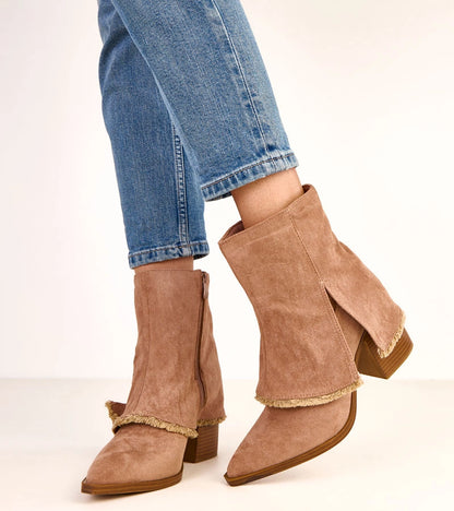 2-Béžové kotníkové boty na podpatku s ohrnutým svrškem Felicia-2