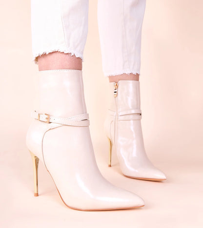 4-Béžové kotníkové boty na zlatém lesklém podpatku Carmila-4