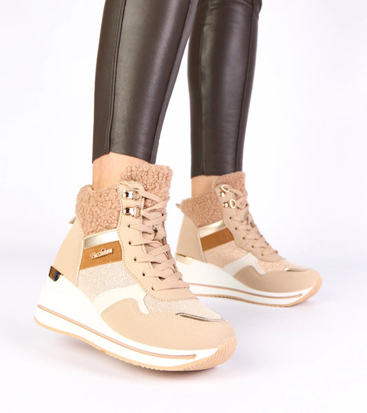 2-Béžové zateplené sněhule tenisky na klínku Rolinda-2