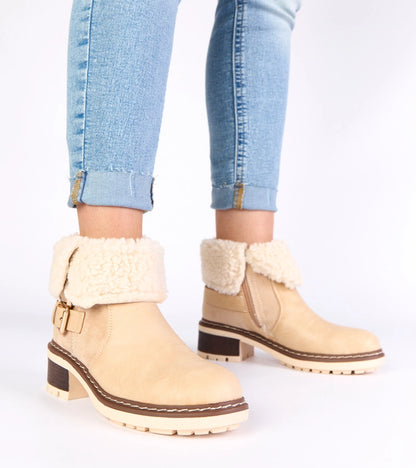 1-Béžové kotníkové boty na podpatku s ohrnutým svrškem Olga-1