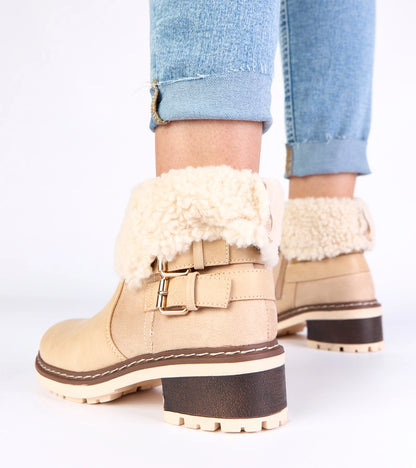 4-Béžové kotníkové boty na podpatku s ohrnutým svrškem Olga-4