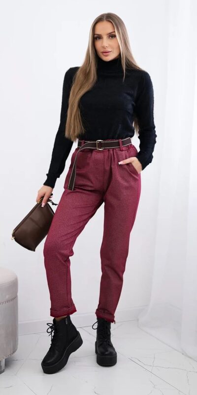 Kalhoty z viskózy s jemným vzorem Burgundy