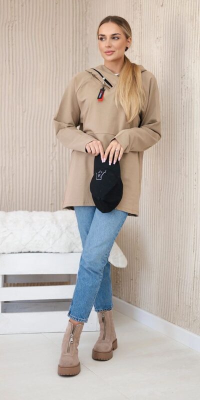 Oversize velbloudí mikina s kapucí na zip