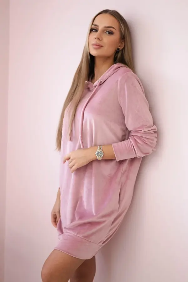 Velurové šaty s kapucí Manana – Tmavě růžová