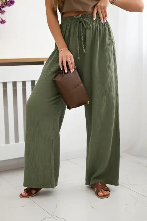 Mušelínové kalhoty se širokou nohavicí Corinne – Khaki