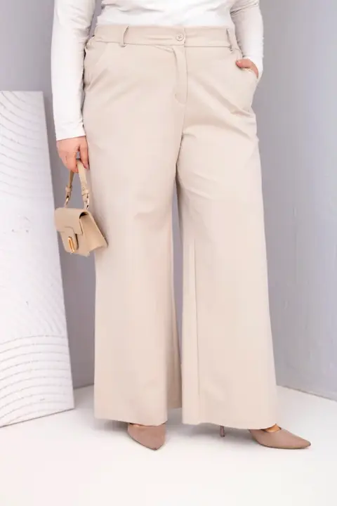 Plus Size kalhoty se širokými nohavicemi a vysokým pasem Francesca – Béžová