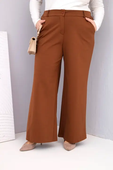 Plus Size kalhoty se širokými nohavicemi a vysokým pasem Francesca – Tmavá camelová