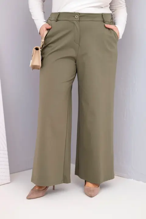 Plus Size kalhoty se širokými nohavicemi a vysokým pasem Francesca – Khaki
