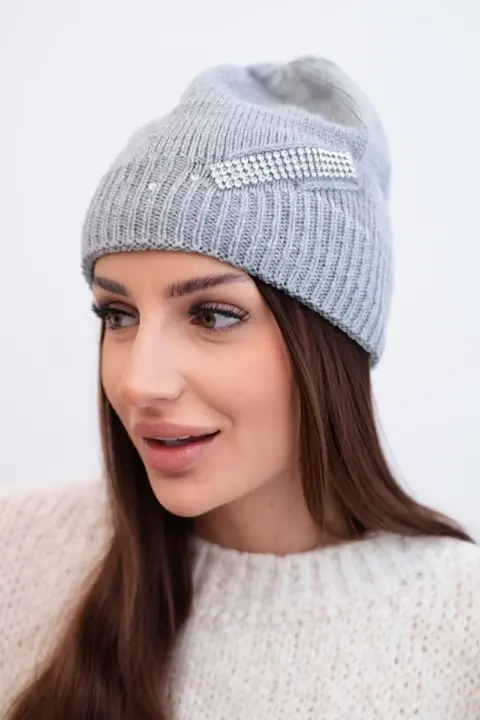 Zimní vlněná čepice s ozdobným páskem zirkonů Marguerite – Grey