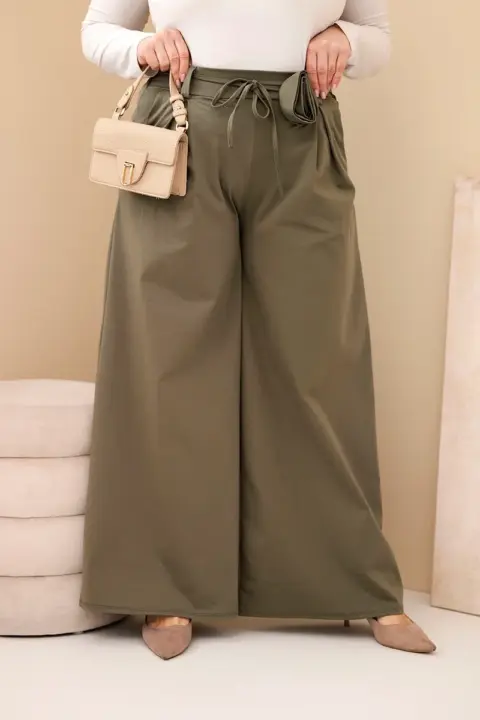 Plus Size kalhoty se širokou nohavicí Simona – Khaki