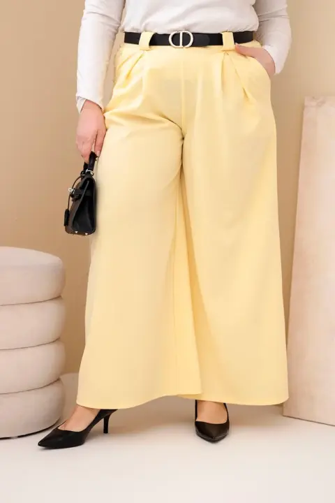 Plus Size viskózové kalhoty se širokými nohavicemi a páskem Laurence – Žlutý