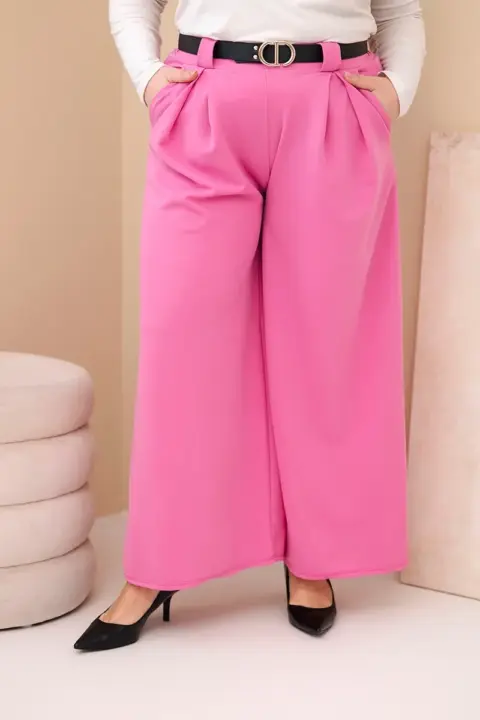 Plus Size viskózové kalhoty se širokými nohavicemi a páskem Laurence – Růžová