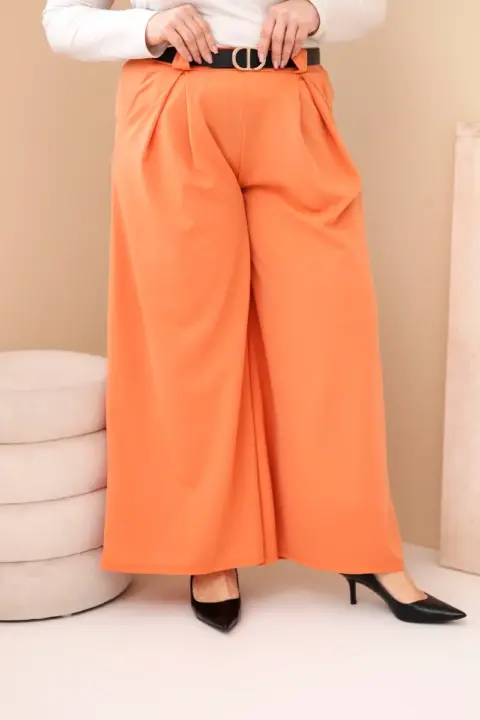 Plus Size viskózové kalhoty se širokými nohavicemi a páskem Laurence – Meruňka