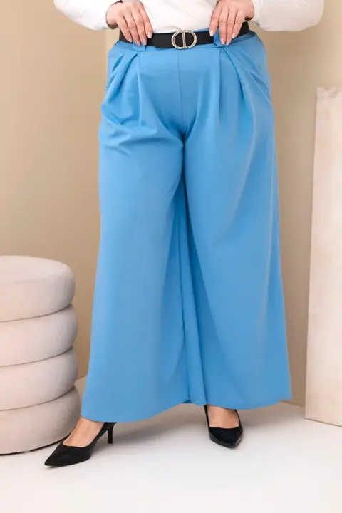 Plus Size viskózové kalhoty se širokými nohavicemi a páskem Laurence – Modrý