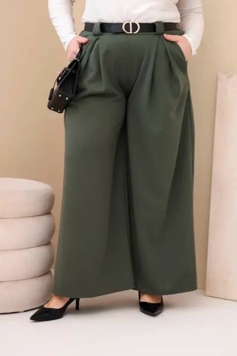 Plus Size viskózové kalhoty se širokými nohavicemi a páskem Laurence – Khaki