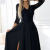 AMBER krajkové, elegantní dlouhé šaty s výstřihem a rozparkem u nohavic – černé