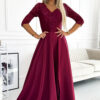 AMBER elegantní dlouhé maxi šaty s krajkovým výstřihem – vínové