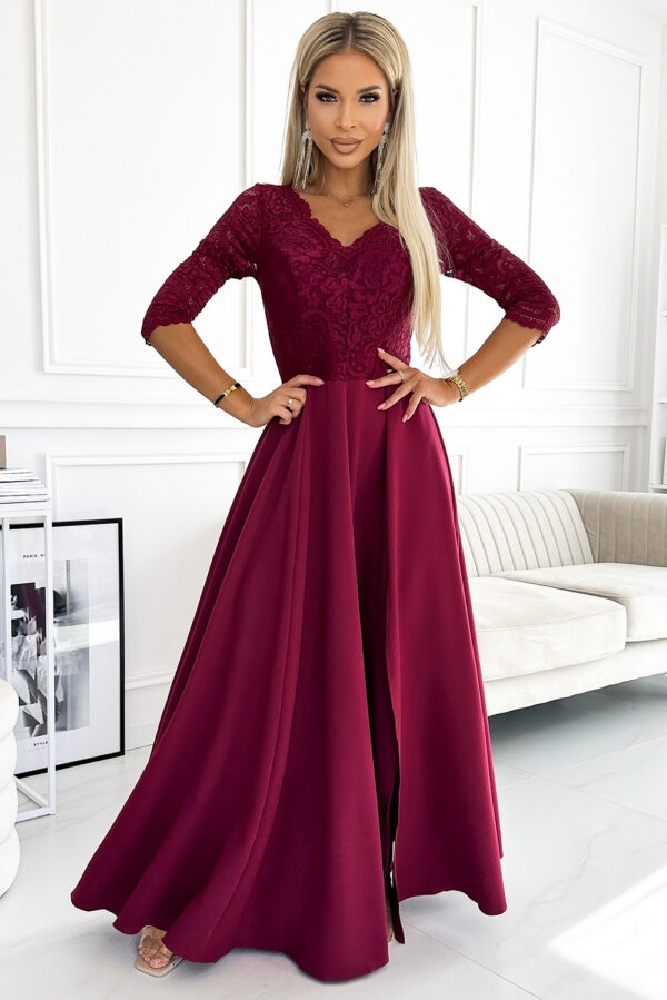 AMBER elegantní dlouhé maxi šaty s krajkovým výstřihem – vínové