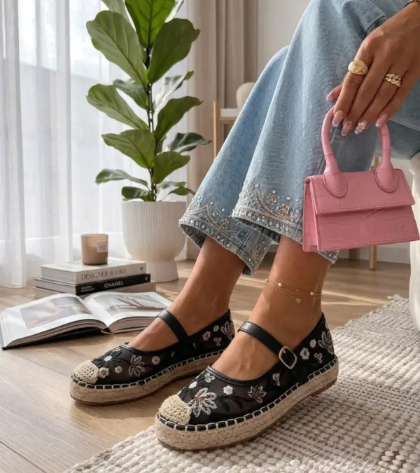 Černé espadrilky zdobené vyšívanými květinami Lucille