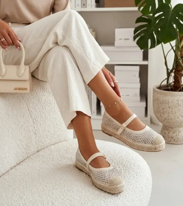 Béžové espadrilky na platformě zdobené kamínky Mireille