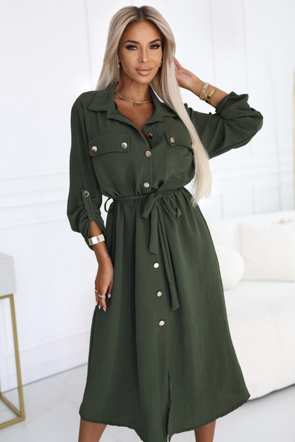 Midi košilové šaty se zlatými knoflíky a kravatou – KHAKI