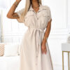 Košilové midi šaty se zlatými knoflíky a krátkým rukávem – béžové