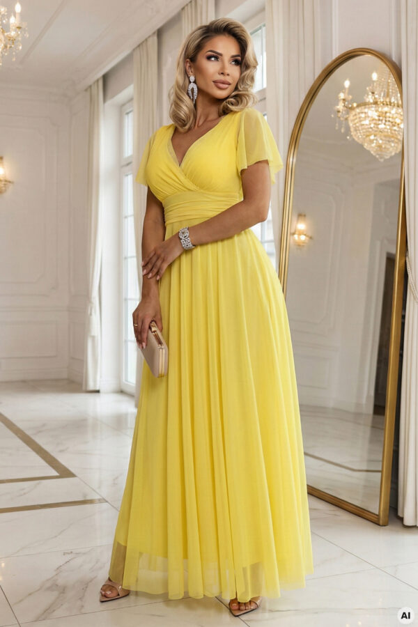 NASTIA Dlouhé šaty s výstřihem, zavazováním a krátkými rukávy – limoncello