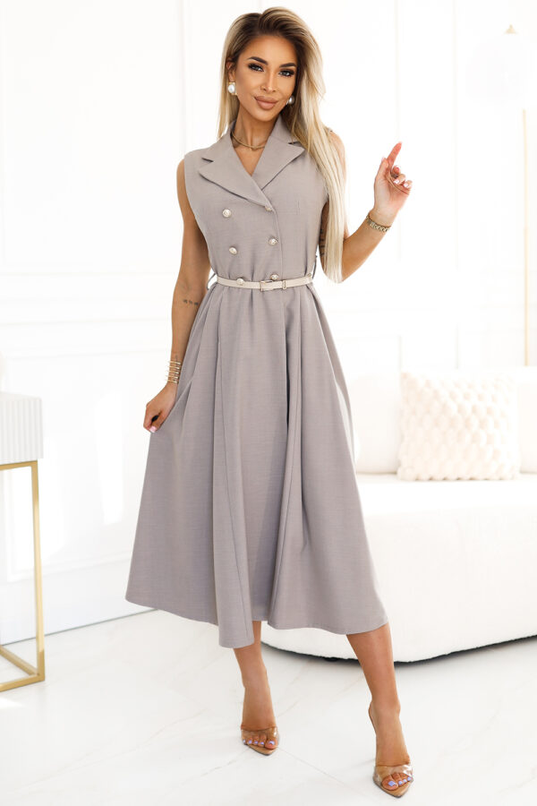 Elegantní midi košilové šaty se zlatými knoflíky a páskem – šedobéžová