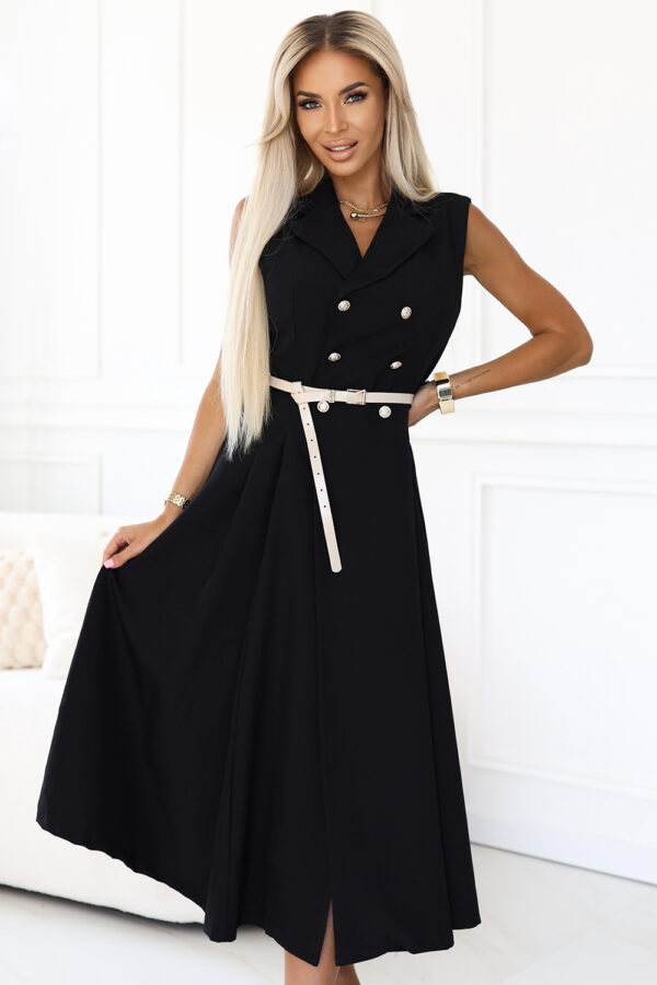 Elegantní midi košilové šaty se zlatými knoflíky a páskem – černé