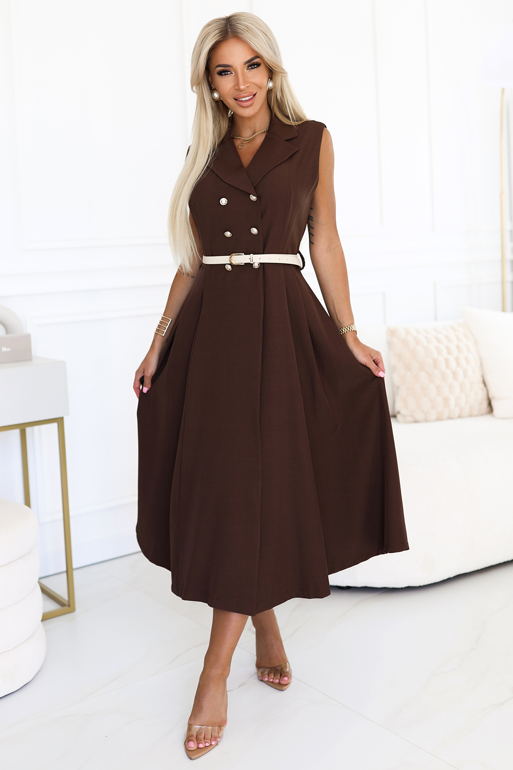 Elegantní midi košilové šaty se zlatými knoflíky a páskem – čokoládová