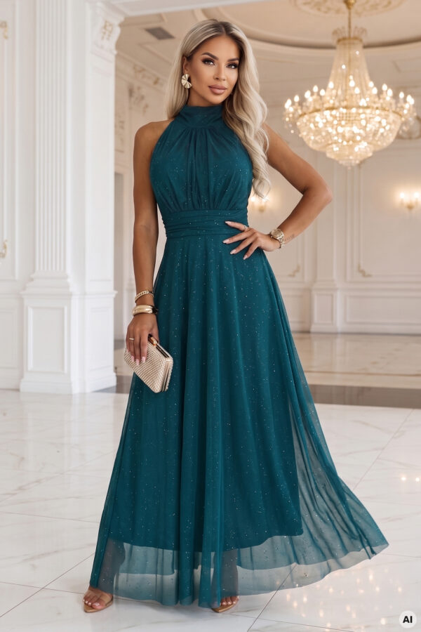 VERONICA – zelené třpytivé halter maxi šaty