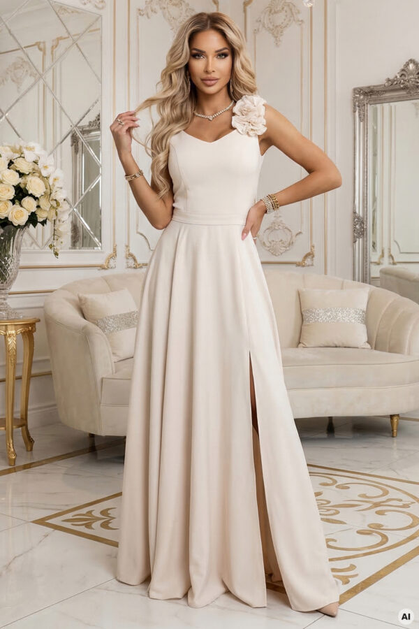 Elegantní večerní maxi šaty s rozparkem a růžemi – béžové