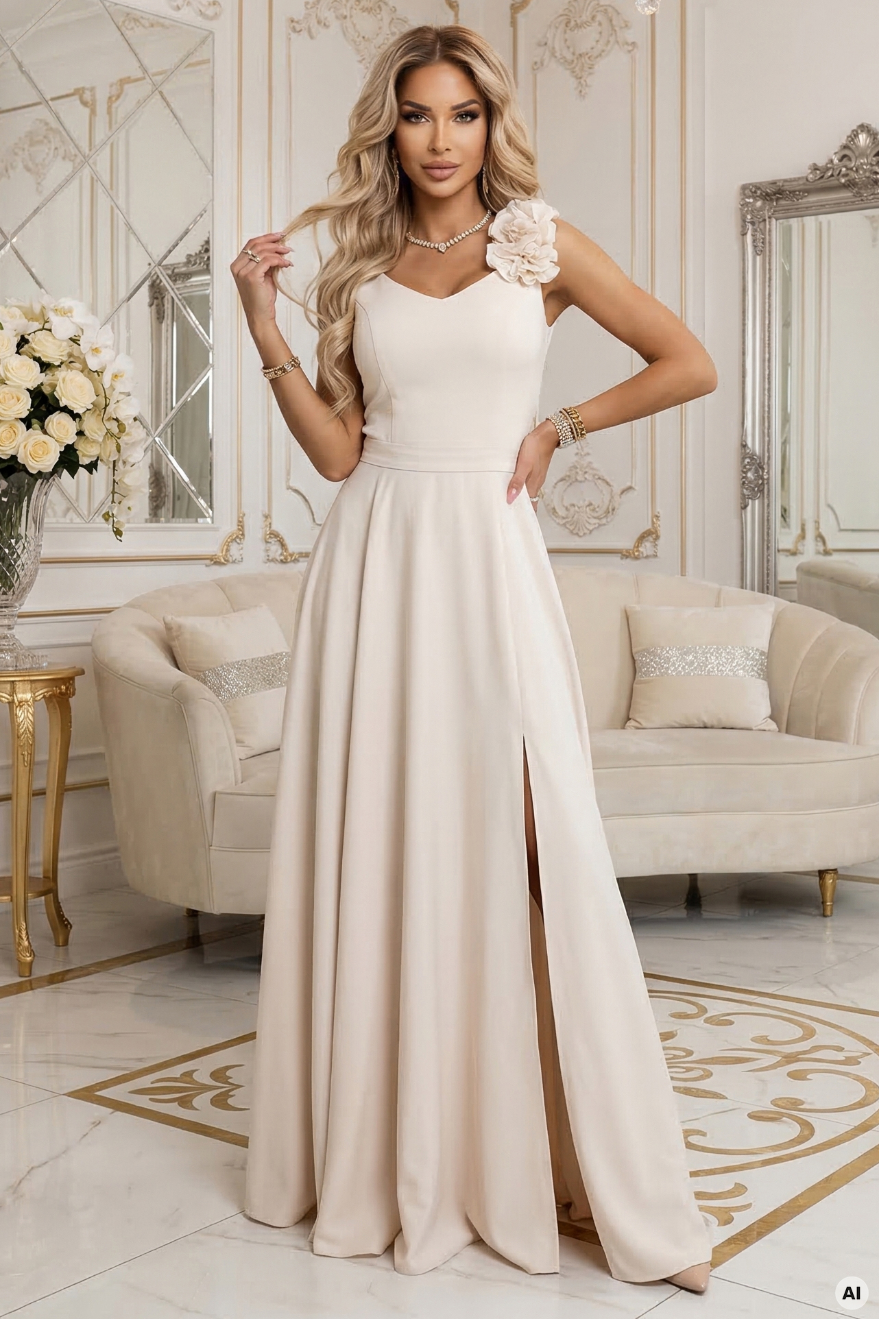 Elegantní večerní maxi šaty s rozparkem a růžemi – béžové