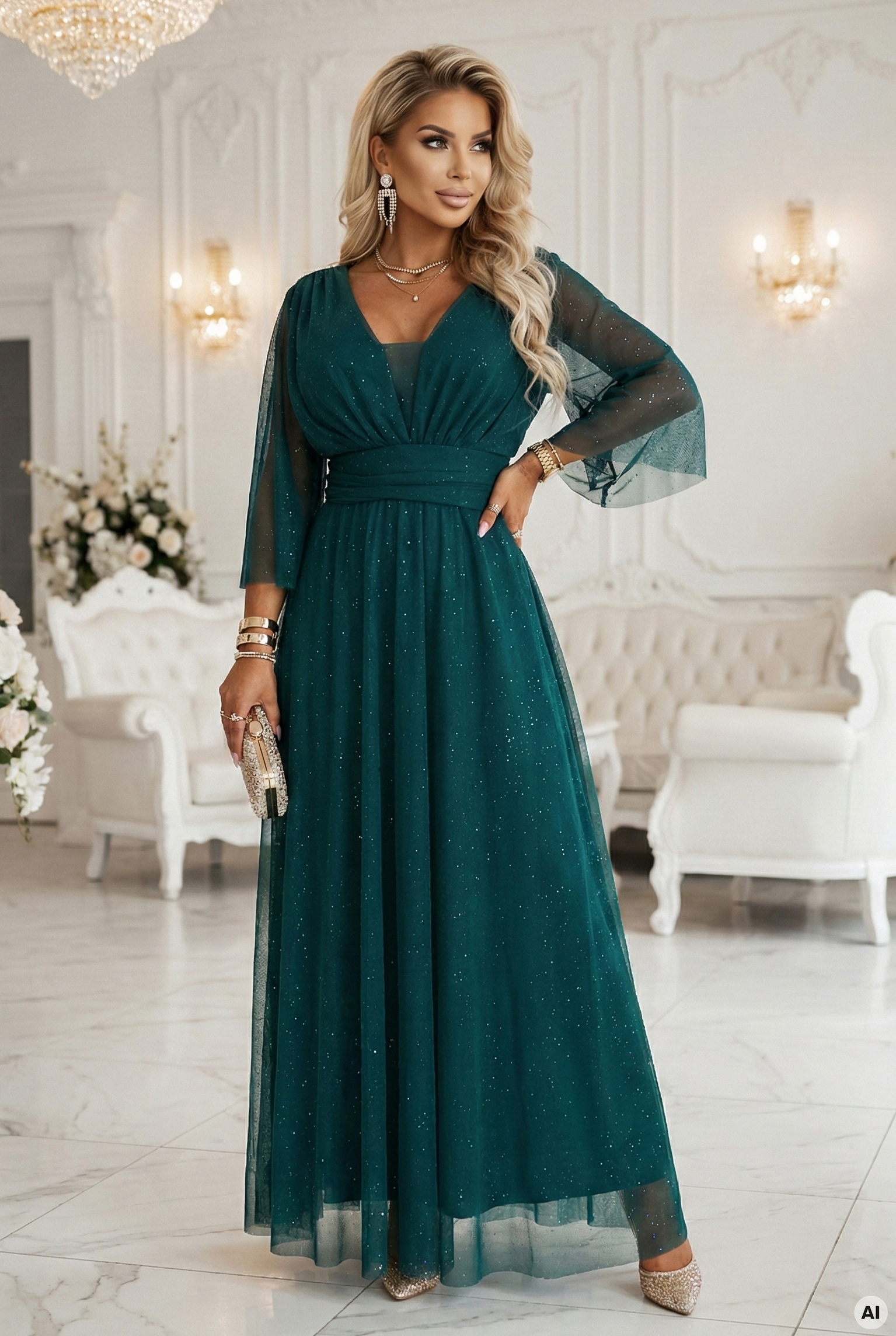 Dlouhé, třpytivé šaty plus size s kulatým výstřihem a průsvitnými rukávy – lahvově zelené