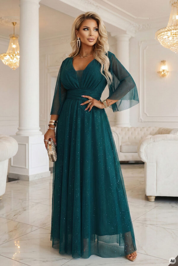 Lahvově zelené třpytivé plus size maxi šaty s tylovými rukávy