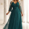 Dlouhé, třpytivé šaty plus size s kulatým výstřihem a průsvitnými rukávy – lahvově zelené