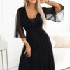 Dlouhé třpytivé šaty plus size s výstřihem a průhledným rukávkem – černé