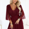 Dlouhé třpytivé šaty plus size s výstřihem a průhledným rukávem – bordó