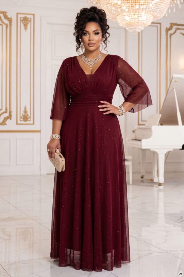 Bordó třpytivé plus size maxi šaty s tylovými rukávy